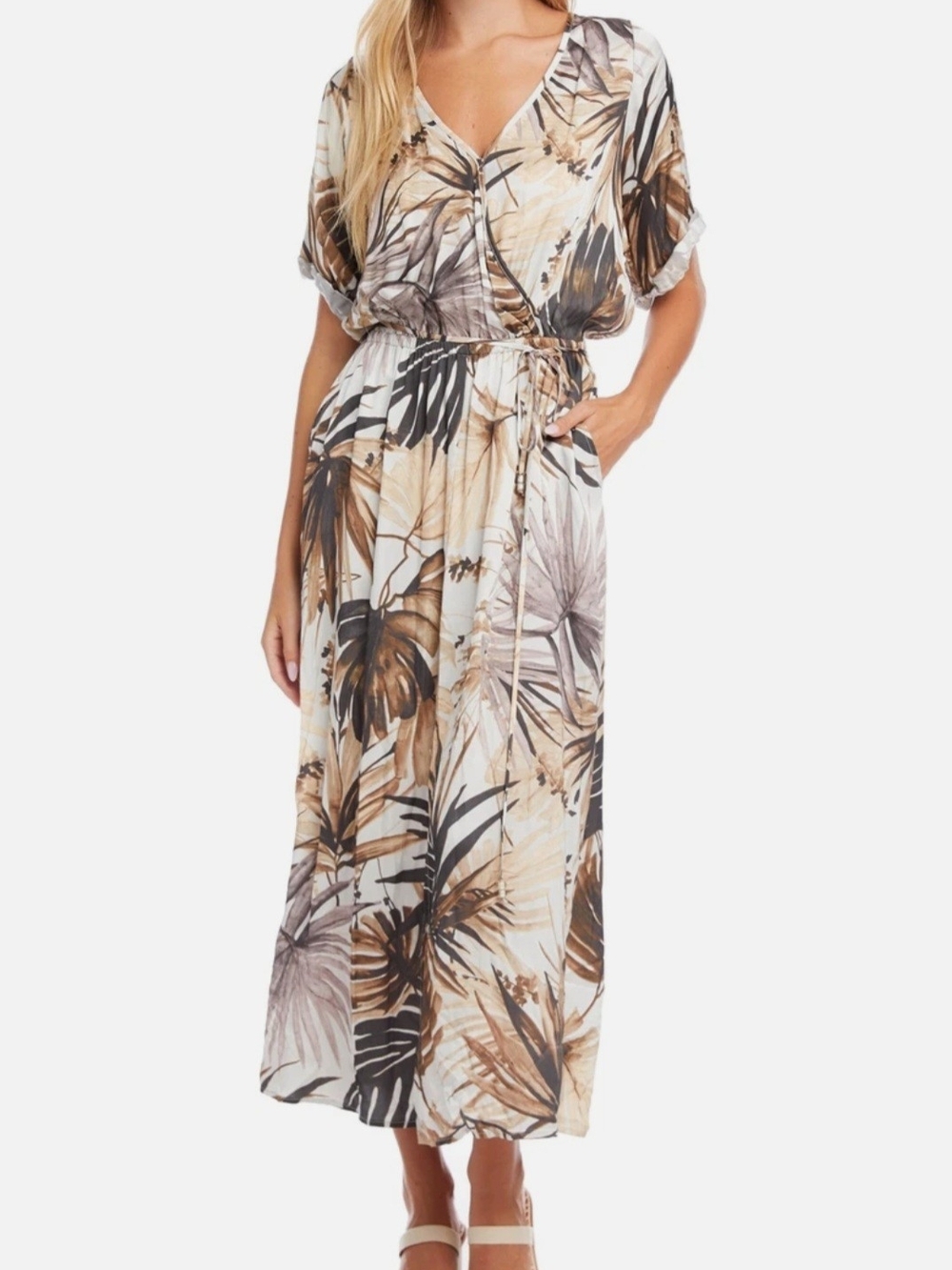 Karen Kane Tropical Leaf V-Neck Maxi Dress - Beige Brown